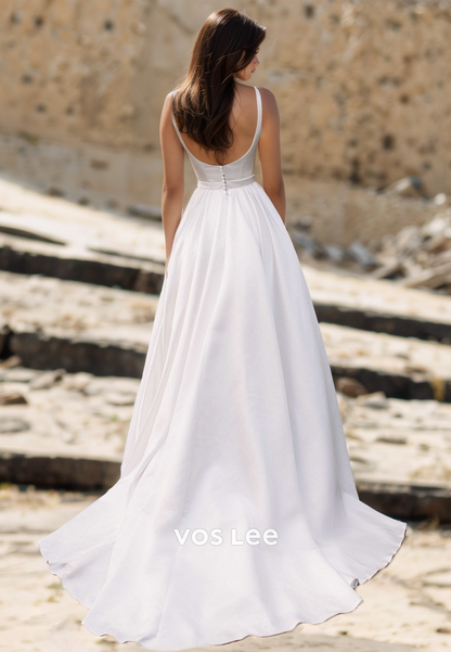 Elegant A-Line Scoop Neck Straps Sweep Train Satin Wedding Gown