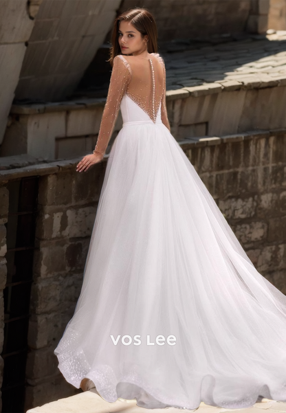 Elegant A-Line Plunging Illusion V-Neck Tulle Beaded Wedding Gown