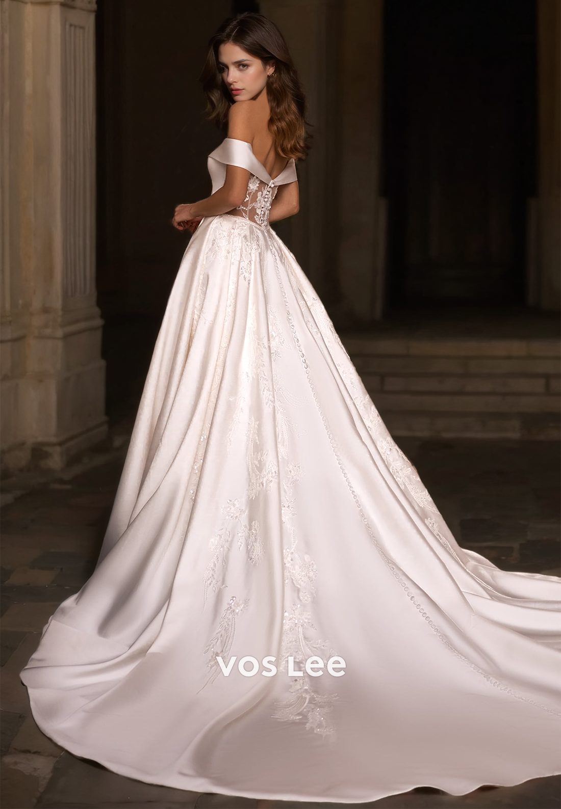 Ornate Off-Shoulder A-Line Lace Appliques Sweep Train Wedding Gown