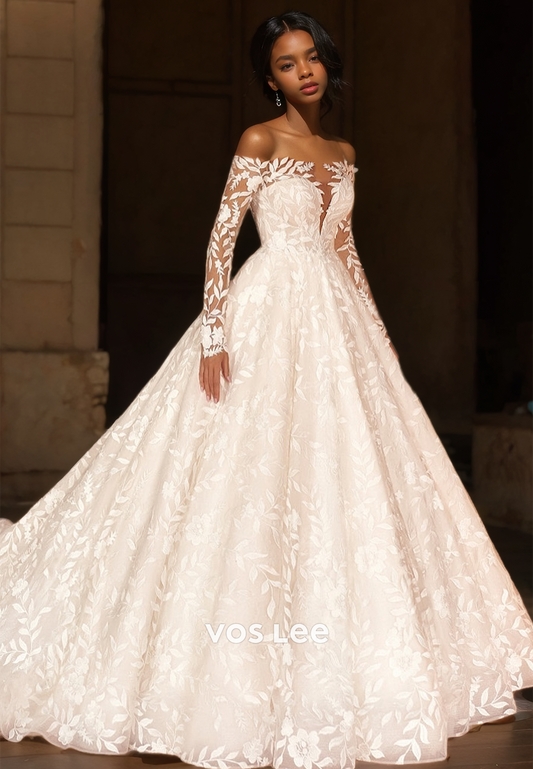 Ornate Off Shoulder A-Line Long Sleeves Court Train Zipper Lace Appliques Wedding Dress