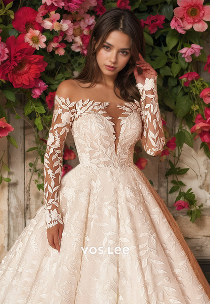 Ornate Off Shoulder A-Line Long Sleeves Court Train Zipper Lace Appliques Wedding Dress