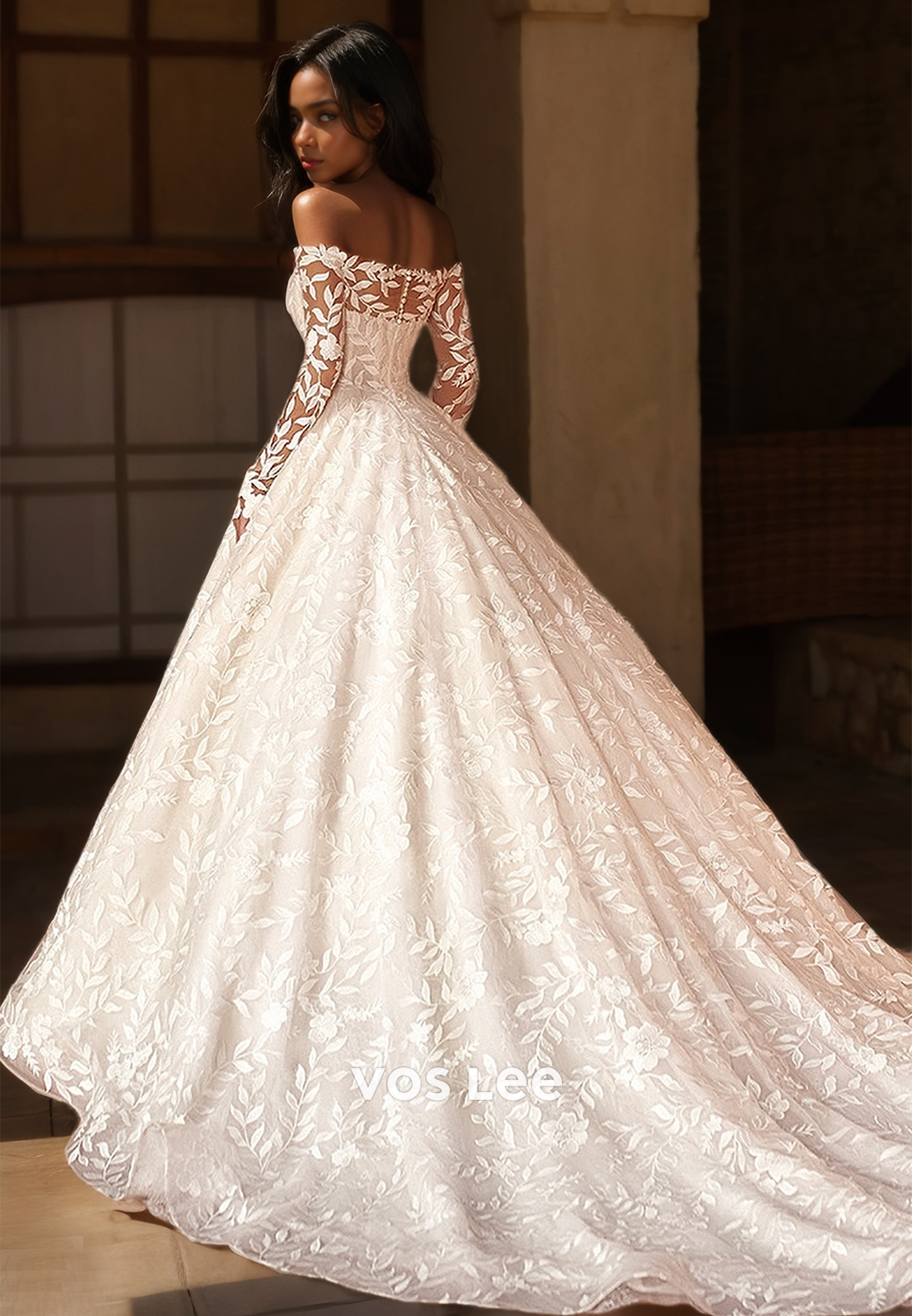 Ornate Off Shoulder A-Line Long Sleeves Court Train Zipper Lace Appliques Wedding Dress