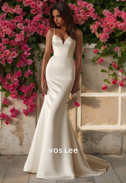 Charming Spagtetti Sraps V Neck Backless Column Ruched 3D Floral Satin Wedding Dress