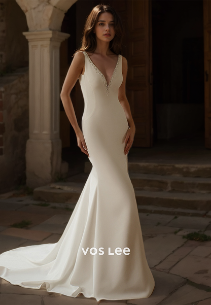 Elegant Sleveless Spaghetti Straps V Neck Column Draped Backless Court Train Wedding Dress