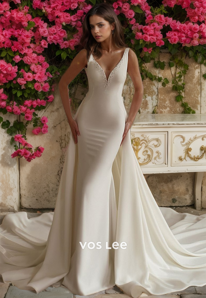 Elegant Sleveless Spaghetti Straps V Neck Column Draped Backless Court Train Wedding Dress