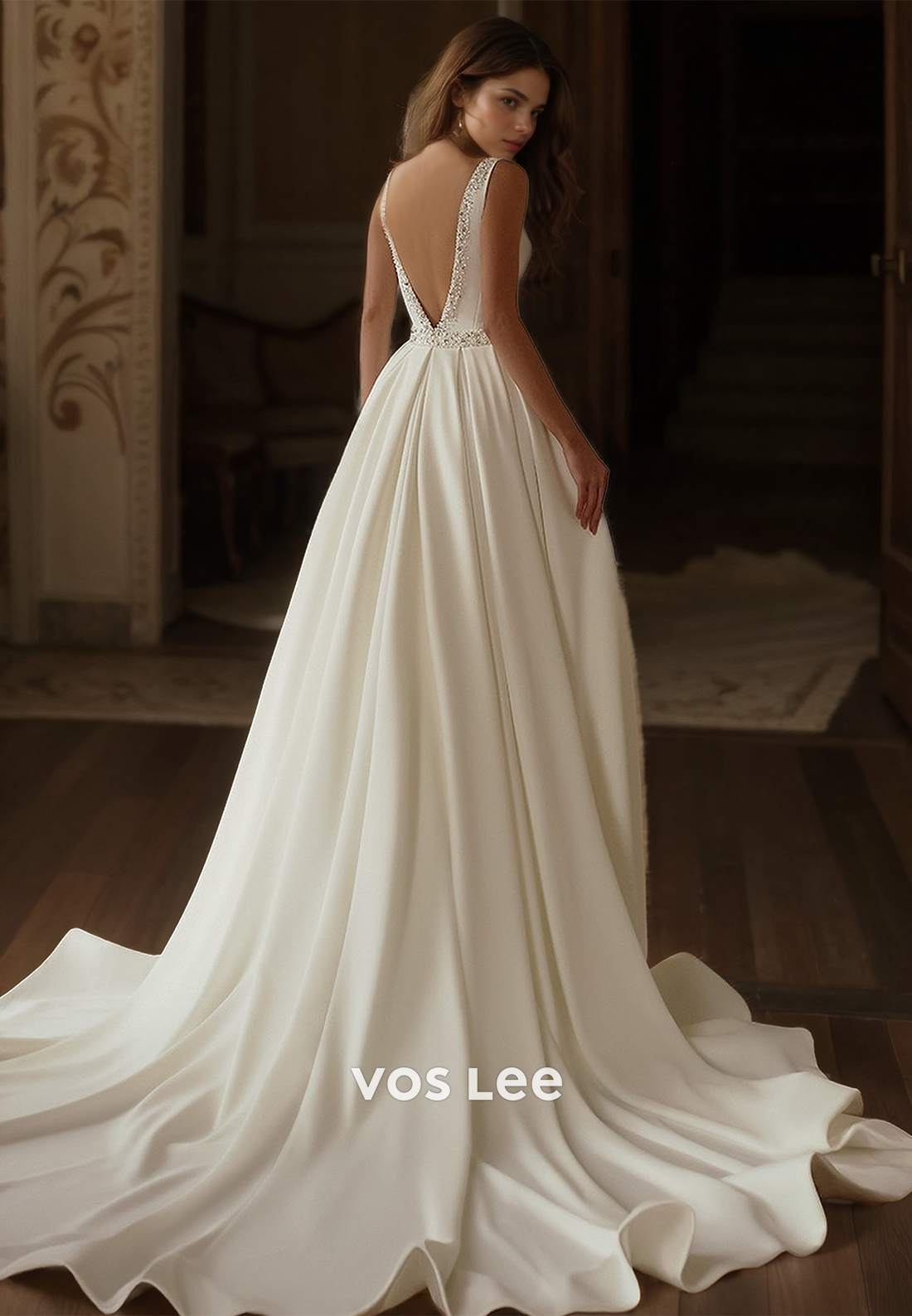 Elegant Sleveless Spaghetti Straps V Neck Column Draped Backless Court Train Wedding Dress