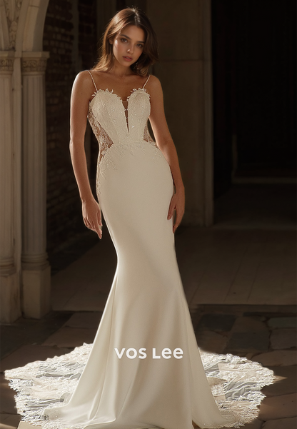 Sexy V Neck Illusion Spaghetti Straps Column Lace Appliques Beaded Ruched Wedding Dress