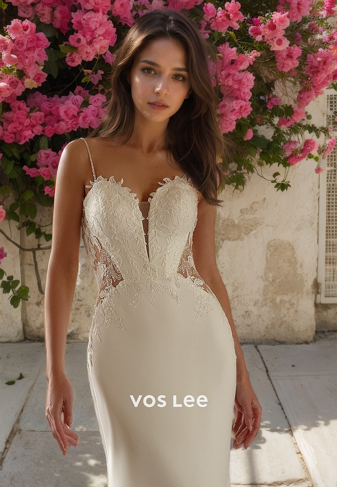 Sexy V Neck Illusion Spaghetti Straps Column Lace Appliques Beaded Ruched Wedding Dress