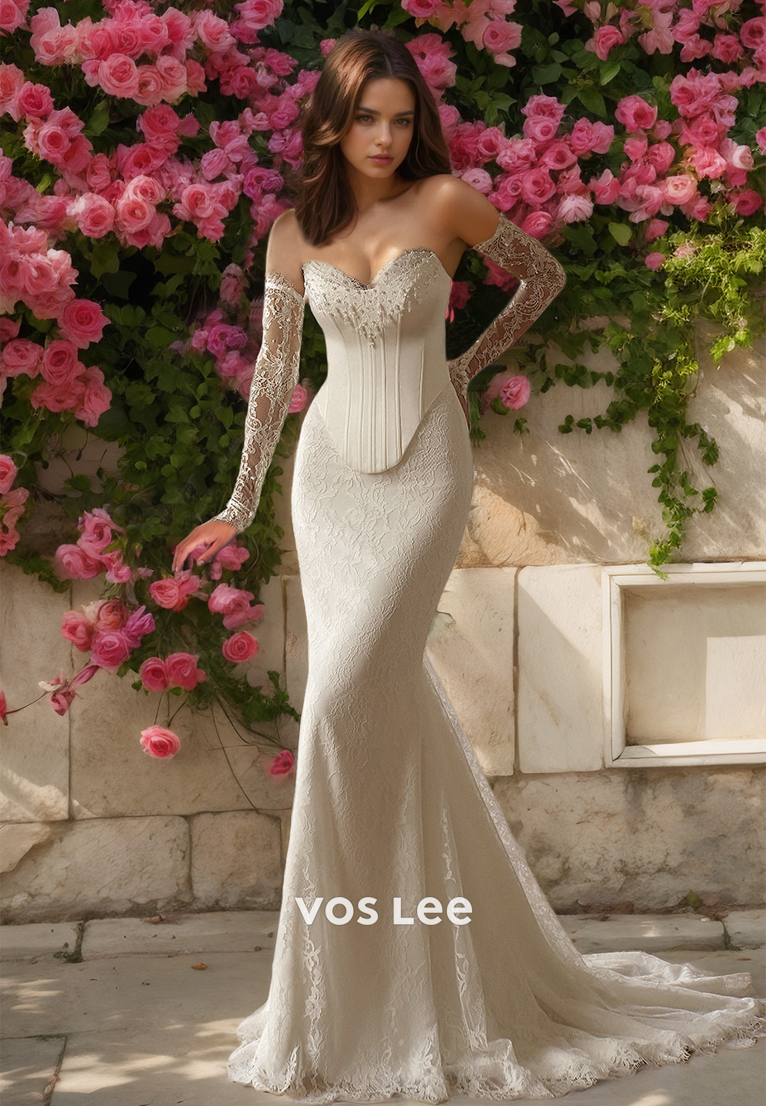 Gorgeous Mermaid Sheath V Neck Long Sleeves Lace Up Beaded Satin Wedding Gown