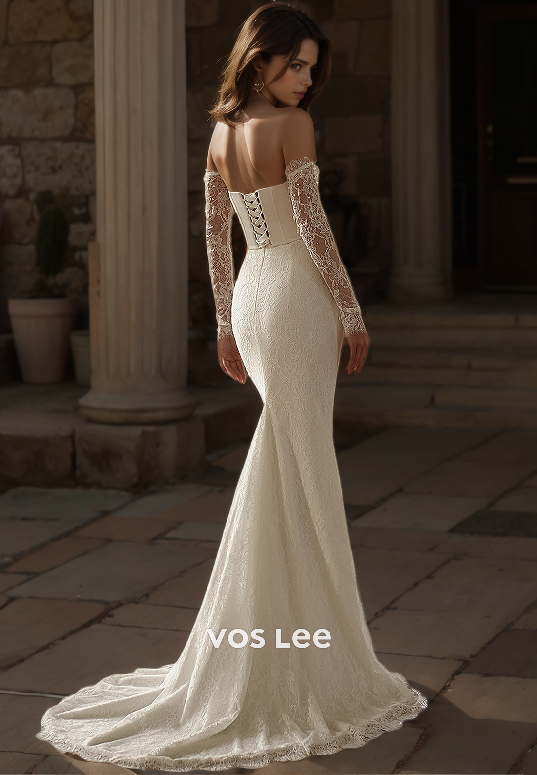 Gorgeous Mermaid Sheath V Neck Long Sleeves Lace Up Beaded Satin Wedding Gown