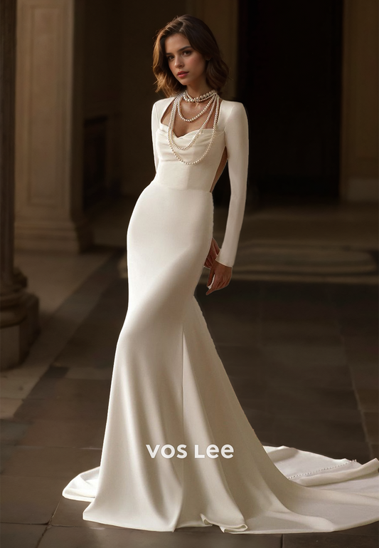 Sexy Column V Neck Long Sleeves Backless Ruched Sweep Train Satin Wedding Bride Dress