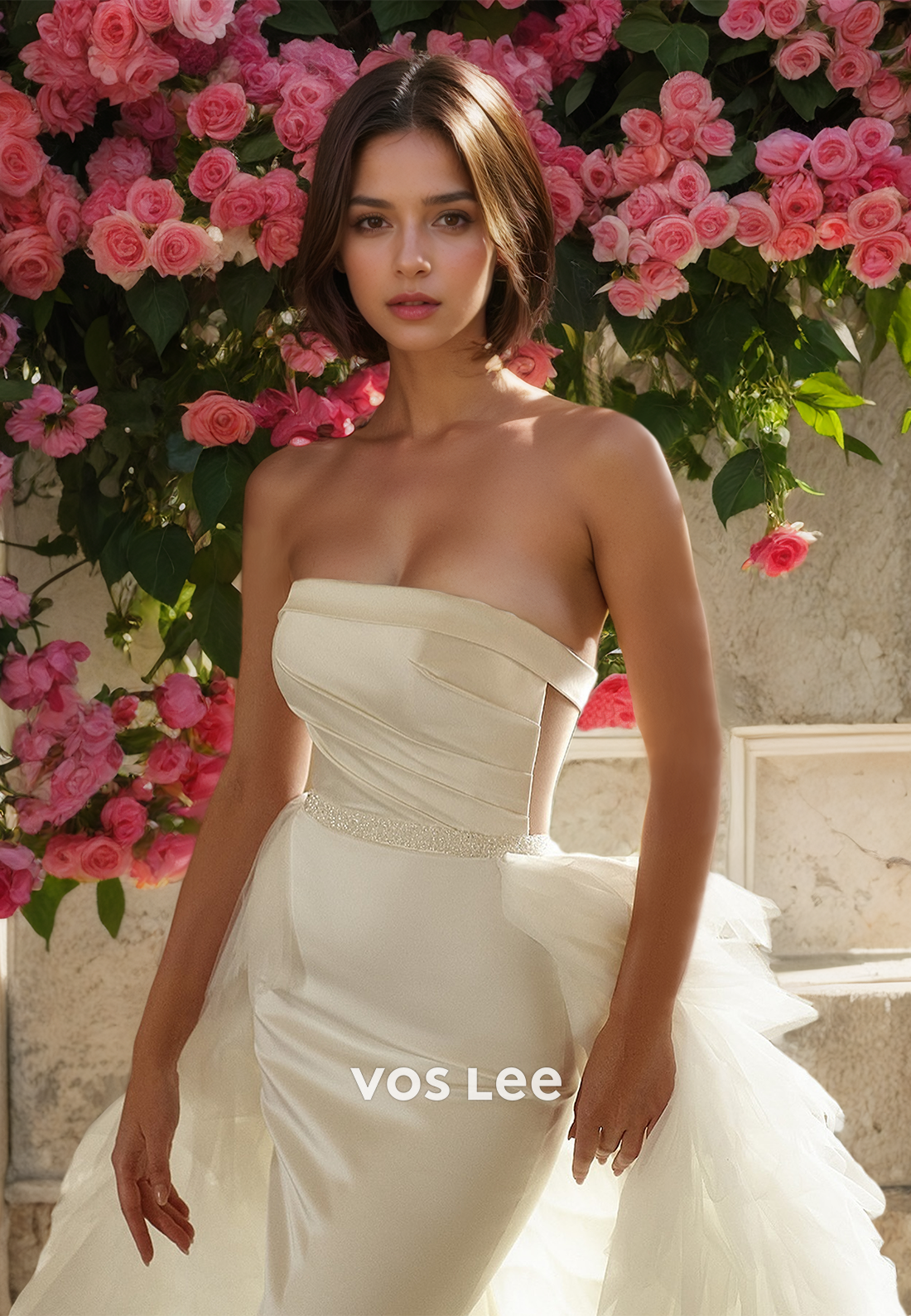 Modest Sheath Strapless Backless Ruched Sleeveless Tulle Court Train Wedding Dress