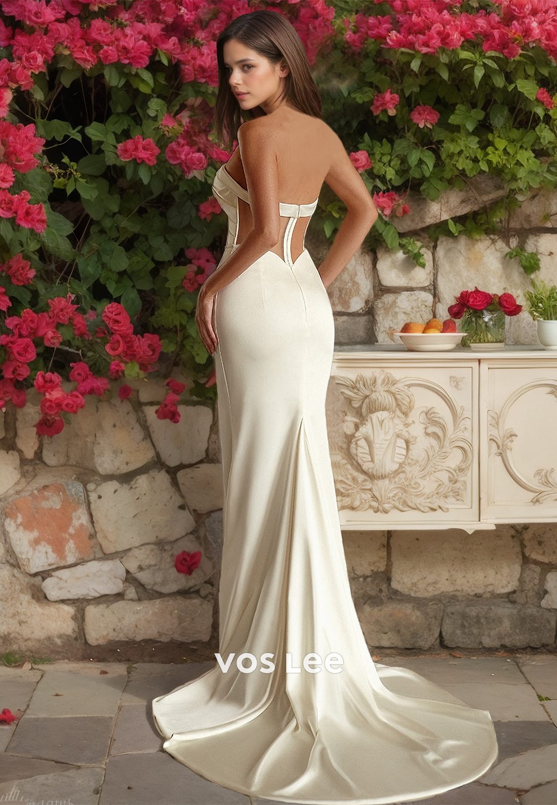 Modest Sheath Strapless Backless Ruched Sleeveless Tulle Court Train Wedding Dress