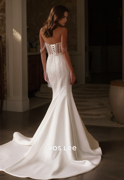 Ornate Off  Shoulder Sheath Illusion Beaded Sleeveless Lace Up Court Train Satin Wedding Dress