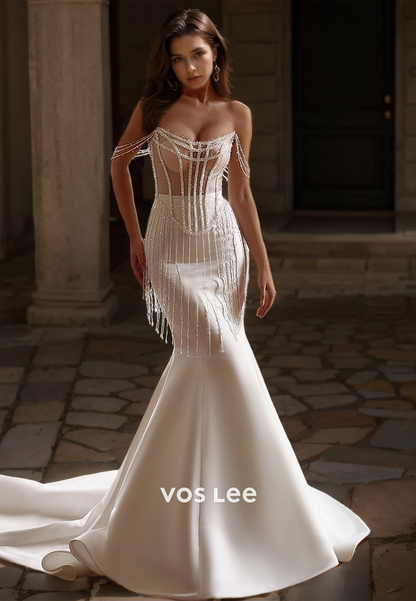 Ornate Off  Shoulder Sheath Illusion Beaded Sleeveless Lace Up Court Train Satin Wedding Dress