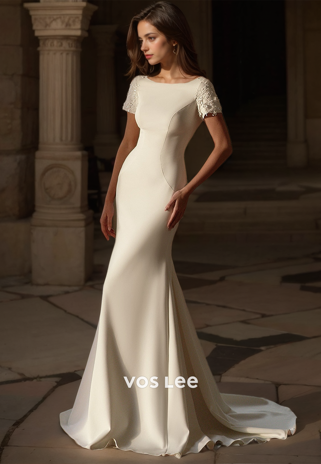 Simple Bateau Short Sleeves Sheath Backless Sweep Train Beaded Satin Wedding Dress