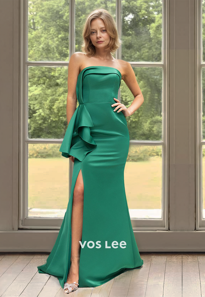 Sexy Tube Top Column Ruffled Side Split Long Satin Mother of the Bride Dress