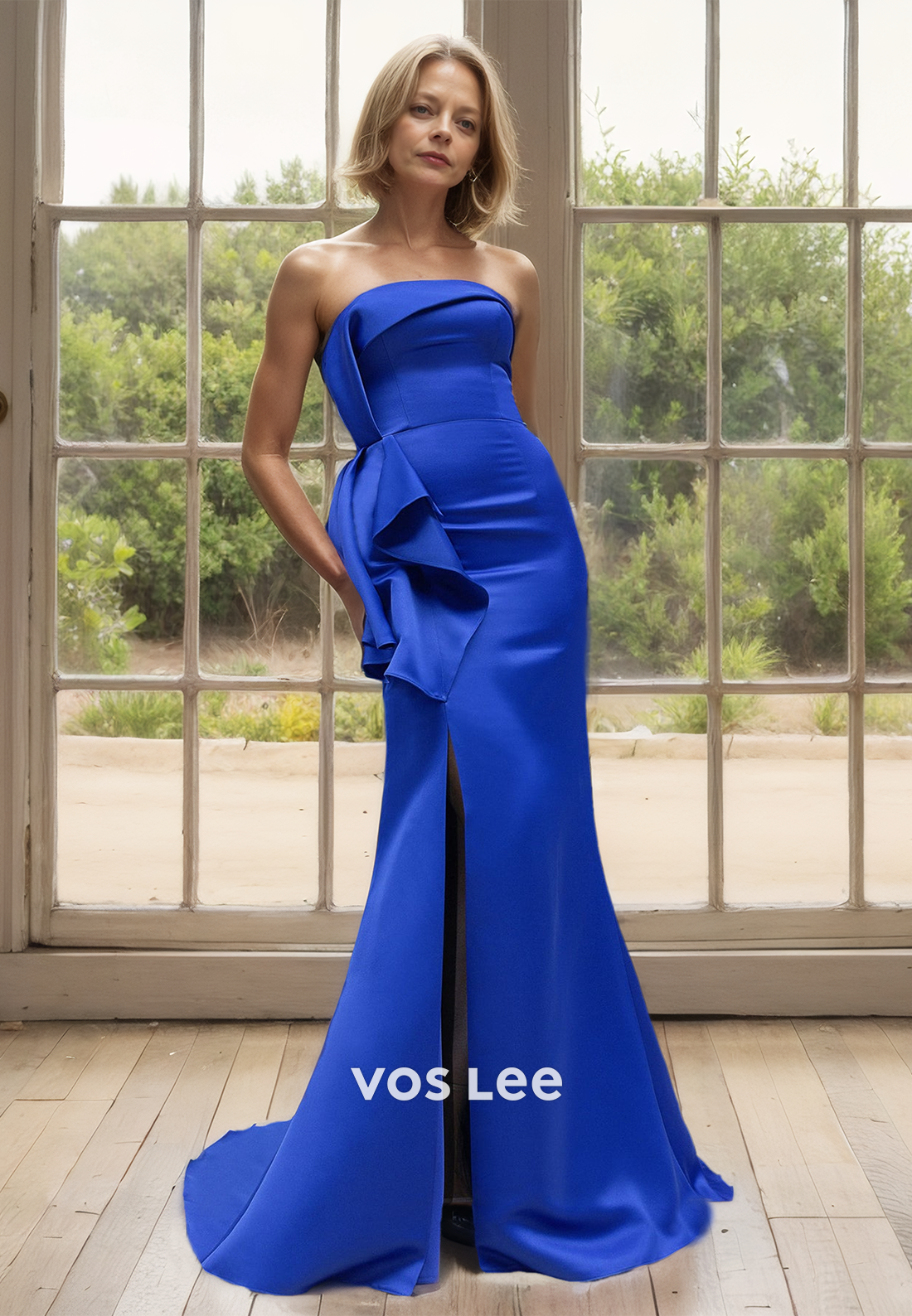 Sexy Tube Top Column Ruffled Side Split Long Satin Mother of the Bride Dress