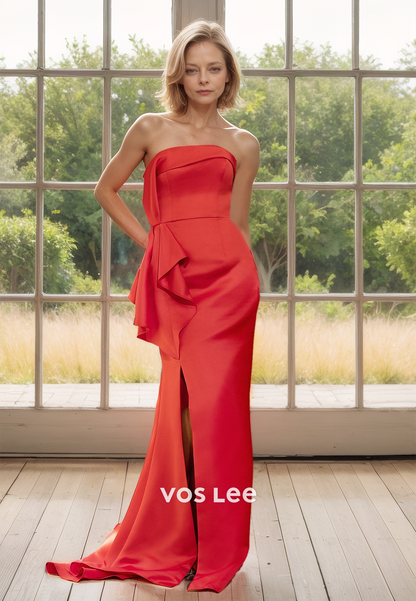 Sexy Tube Top Column Ruffled Side Split Long Satin Mother of the Bride Dress