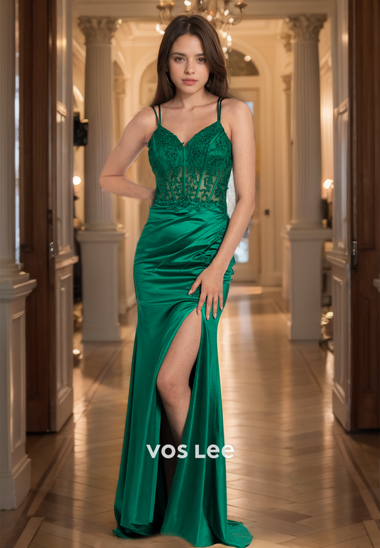 Sexy Column V Neck Spaghetti Straps Lace Appliques Illusion Side Split Satin Prom Evening Dress
