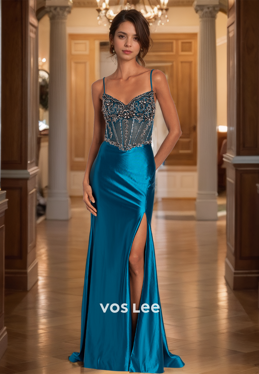 Graceful Sheath V Neck Spaghetti Straps Lace Up Beaded Sequins Satin Prom Party Dress with Split