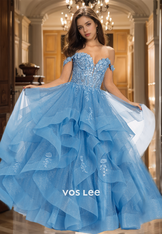 Gorgeous A-Line Off Shoulder Sleeveless Back Zipper Lace Appliques Sequins Tulle Prom Birthday Dress Glitter