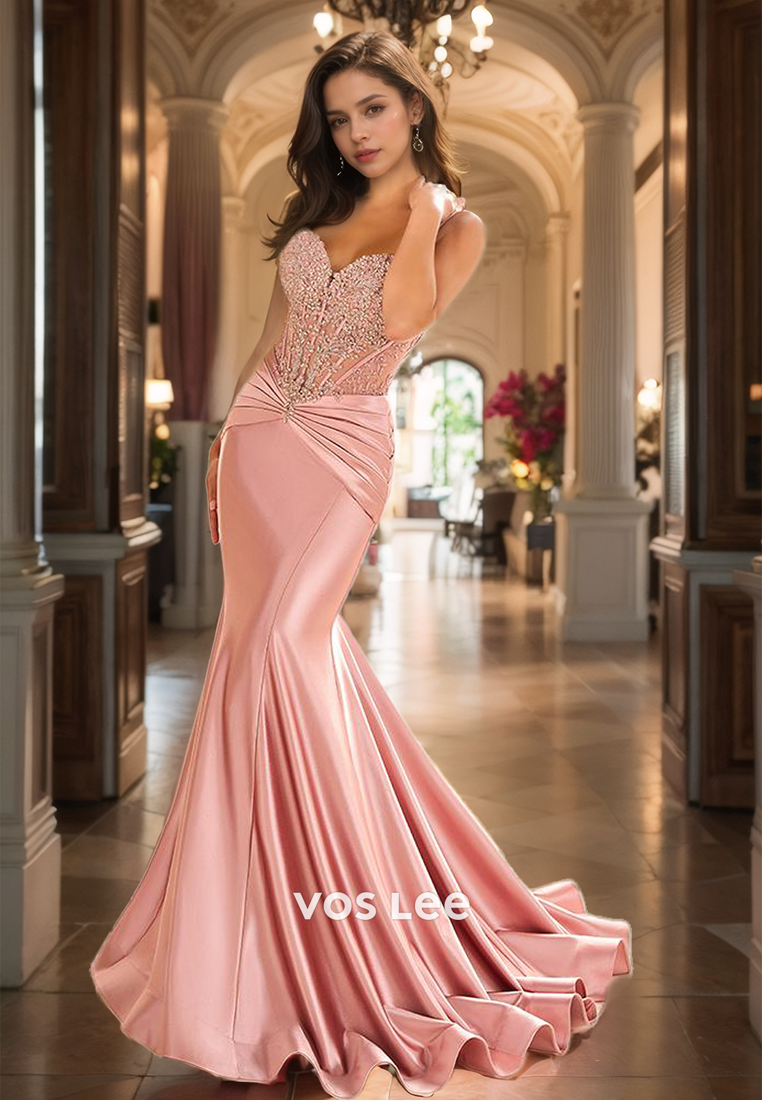 Unique Column V Neck Spaghetti Straps Lace Appliques Sequins Ruched Sweep Train Satin Prom Party Dress