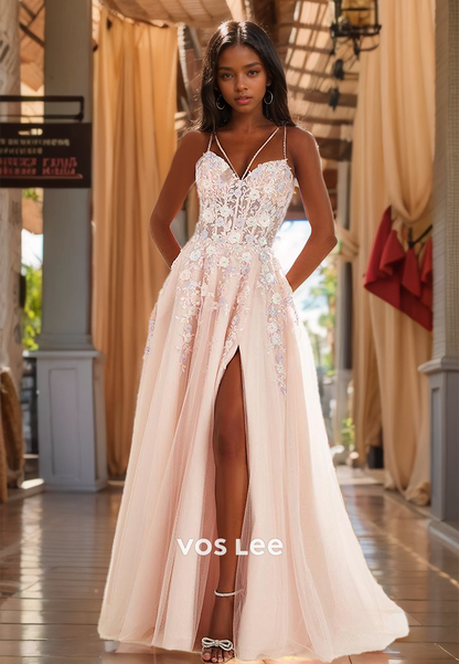 Ornate V Neck Sleeveless Spaghetti Straps A-Line Backless Sequins Tulle Prom Birthday Dress with Split