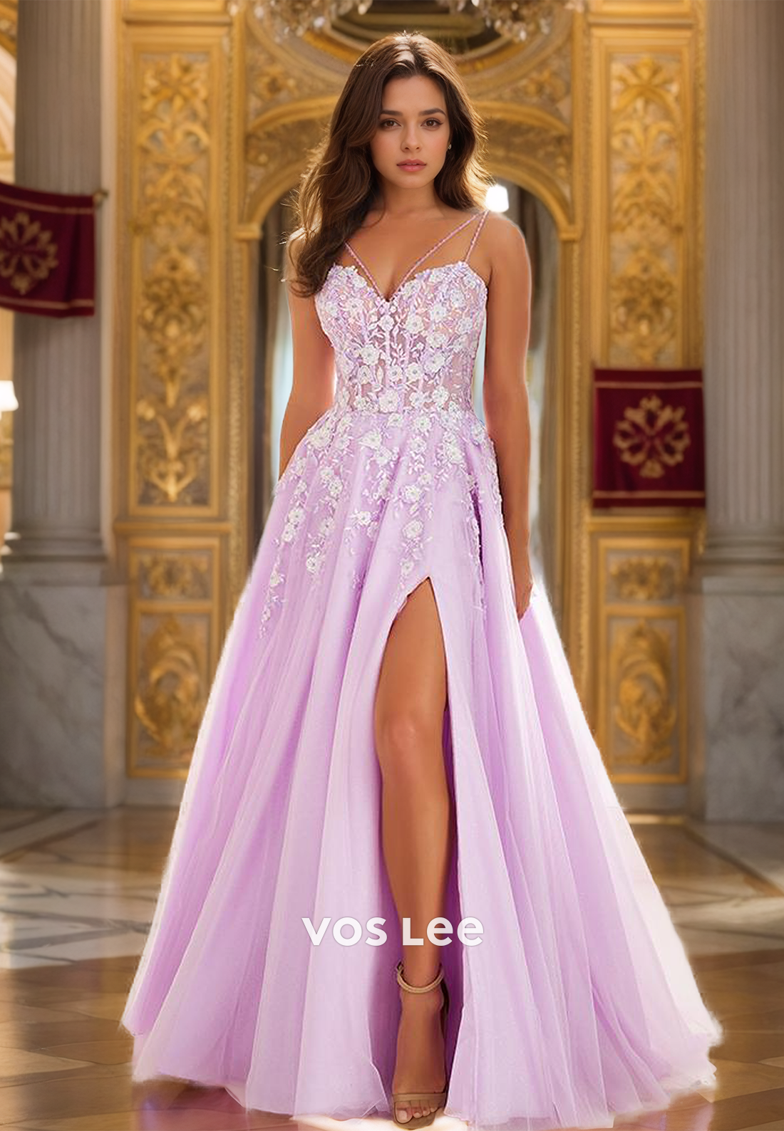 Ornate V Neck Sleeveless Spaghetti Straps A-Line Backless Sequins Tulle Prom Birthday Dress with Split