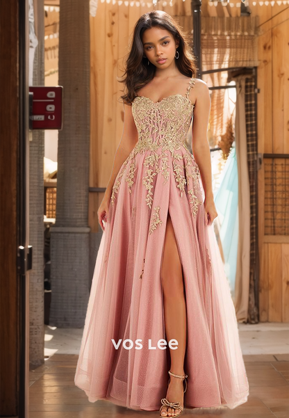 Charming A-Line Off Shoulder Sleeveless High Split Lace Appliques Tulle Sparkly Prom Formal Dress