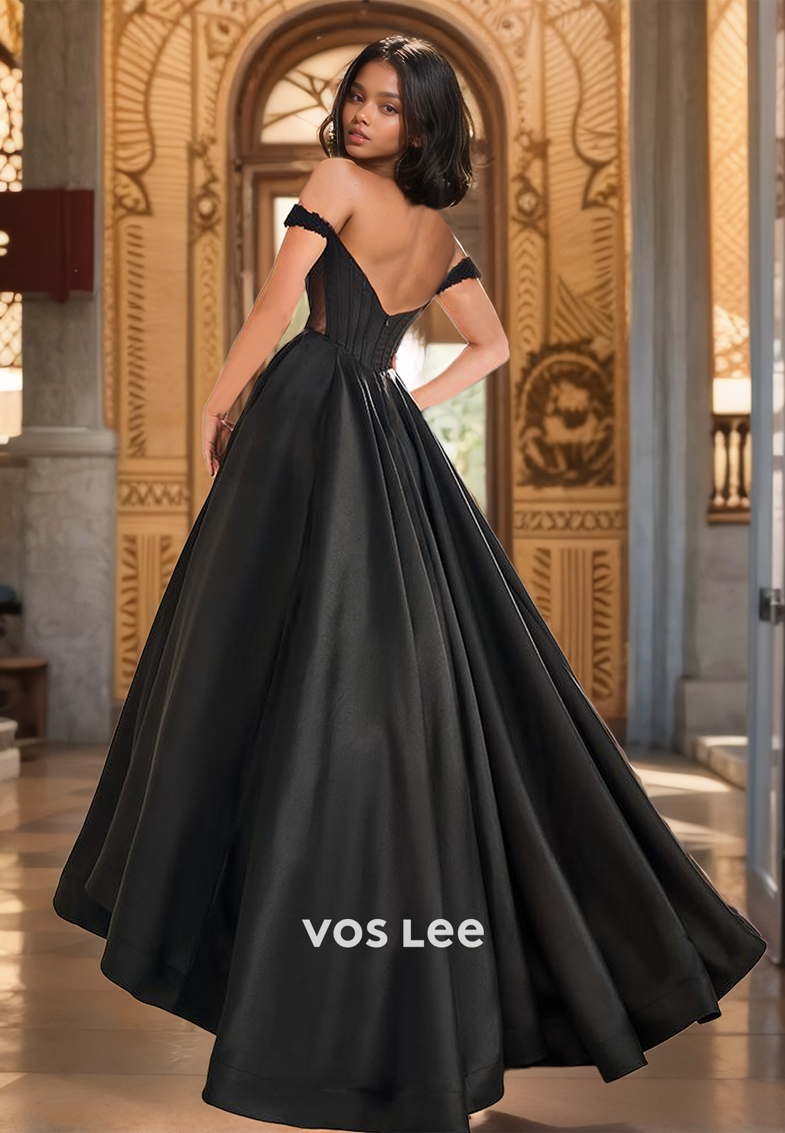 Eleagnt Off Shoulder A-Line Sweep Train Ruched Back Zipper Sequins Satin Prom Evening Dress