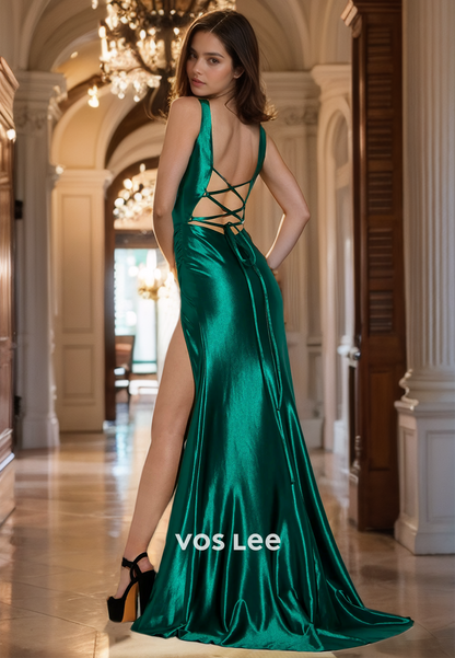 Elegant Sheath V Neck Dark Green Lace Up Spaghetti Straps High Split Sweep Train Prom Formal Dress