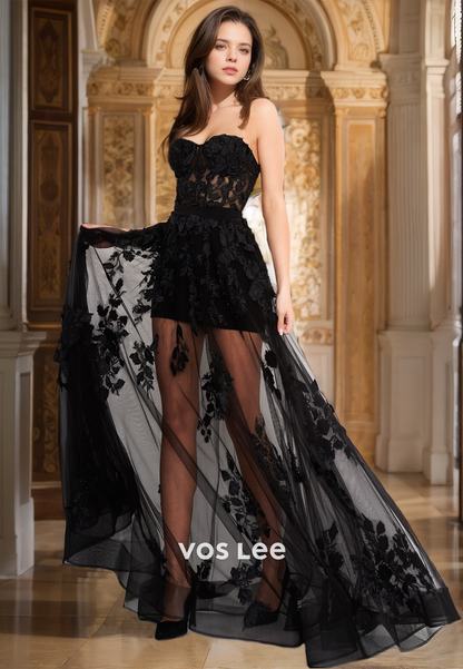 Unique A-Line Sweetheart Black Illusion Back Zipper Lace Appliques Tulle Prom Party Dress