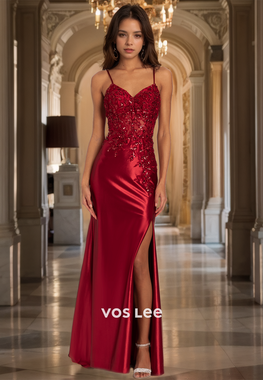 Sexy Column V Neck Spaghetti Straps Sleeveless Lace Appliques Sequins Satin Prom Formal Dress with Split