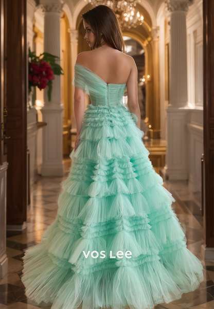 Ornate One Shoulder A-Line Back Zipper Sleeveless Green Ruched Tulle Prom Formal Dress