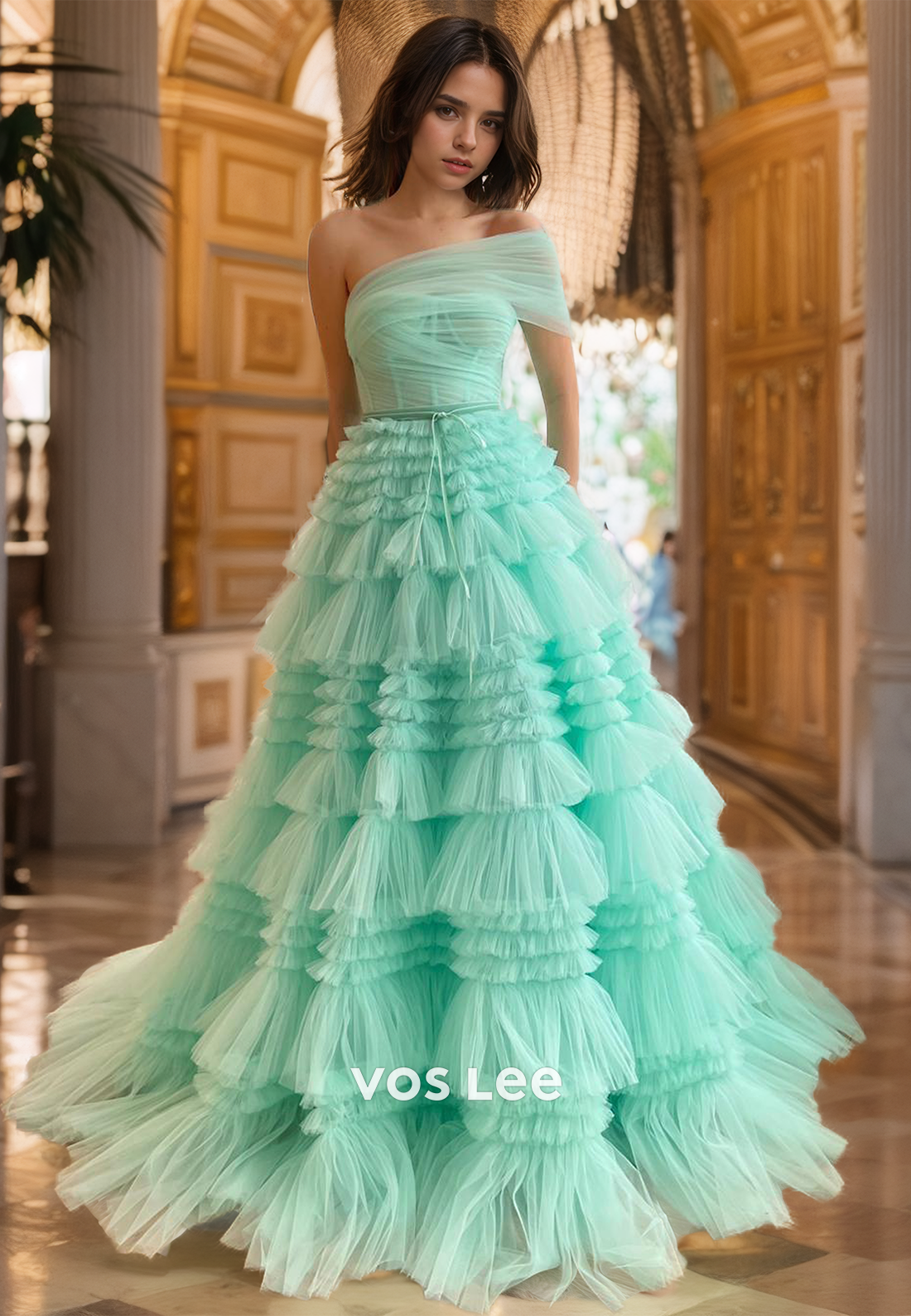 Ornate One Shoulder A-Line Back Zipper Sleeveless Green Ruched Tulle Prom Formal Dress