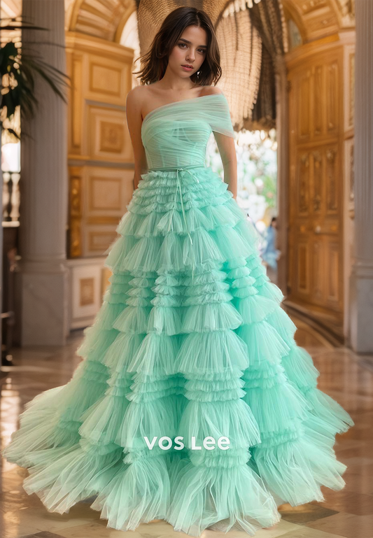 Ornate One Shoulder A-Line Back Zipper Sleeveless Green Ruched Tulle Prom Formal Dress