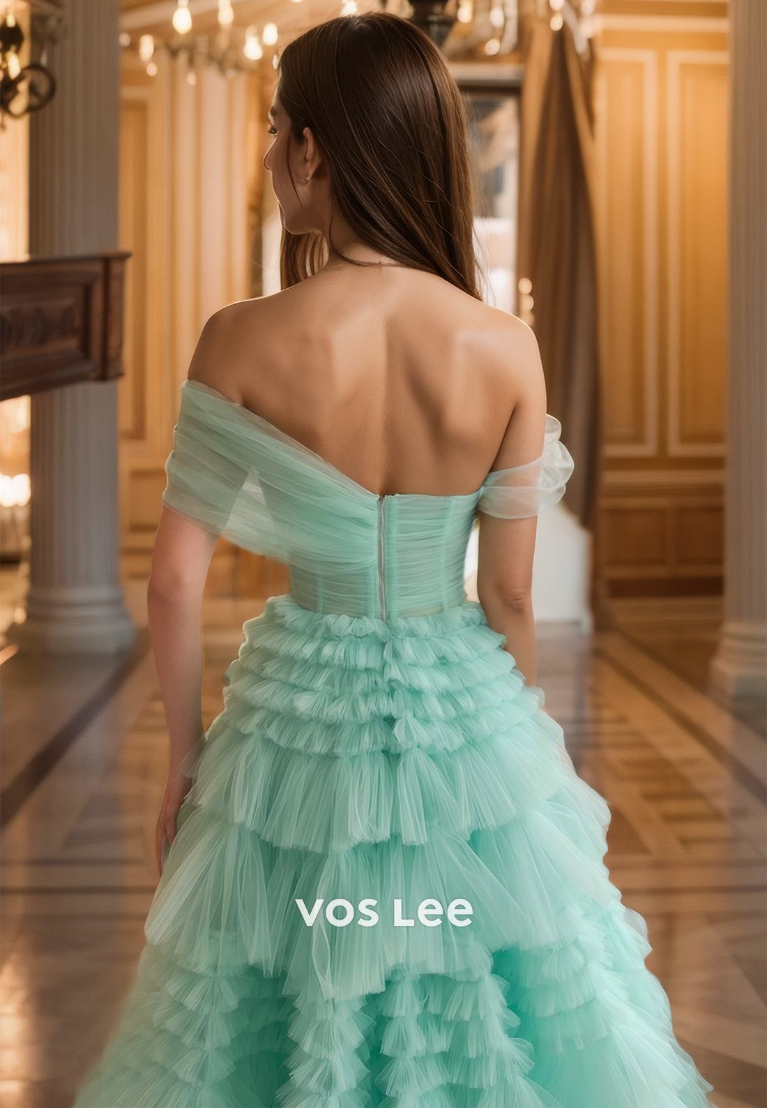 Ornate One Shoulder A-Line Back Zipper Sleeveless Green Ruched Tulle Prom Formal Dress