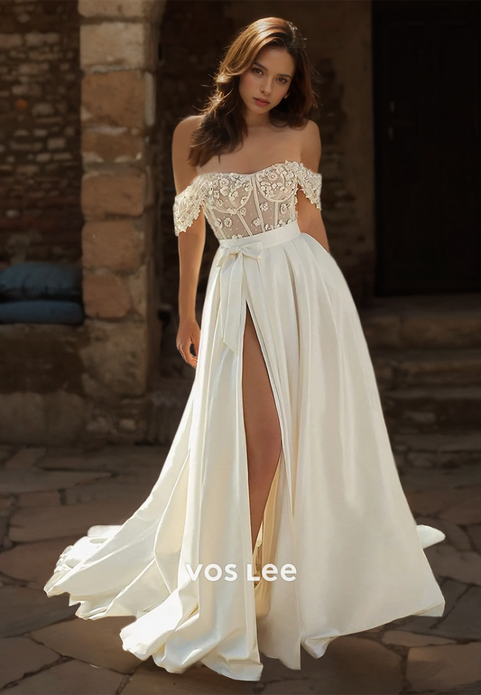 Charming Backless Off Shoulder A-Line High Split Lace Appliques Sstin Wedding Bride Dress