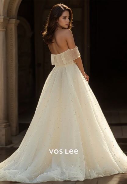 Ornate A-Line Off Shoulder Backless Beaded Court Train Tulle Wedding Bride Dress