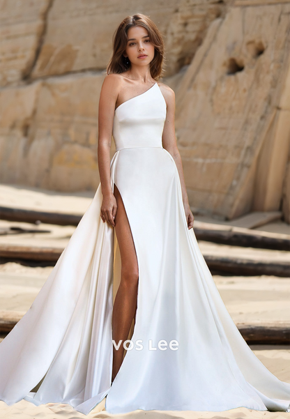 Mosest Strapless Back Zipper Sleeveless High Split Sweep Train Satin Wedding Gown