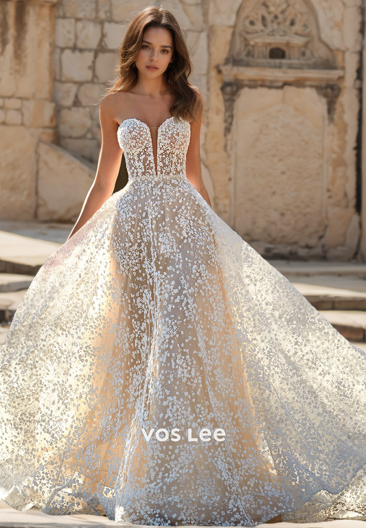 Luxury Deep V Neck Back Zipper A-Line Sleeveless Lace Appliques Wedding Gown