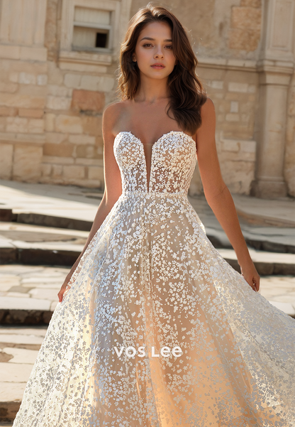 Luxury Deep V Neck Back Zipper A-Line Sleeveless Lace Appliques Wedding Gown