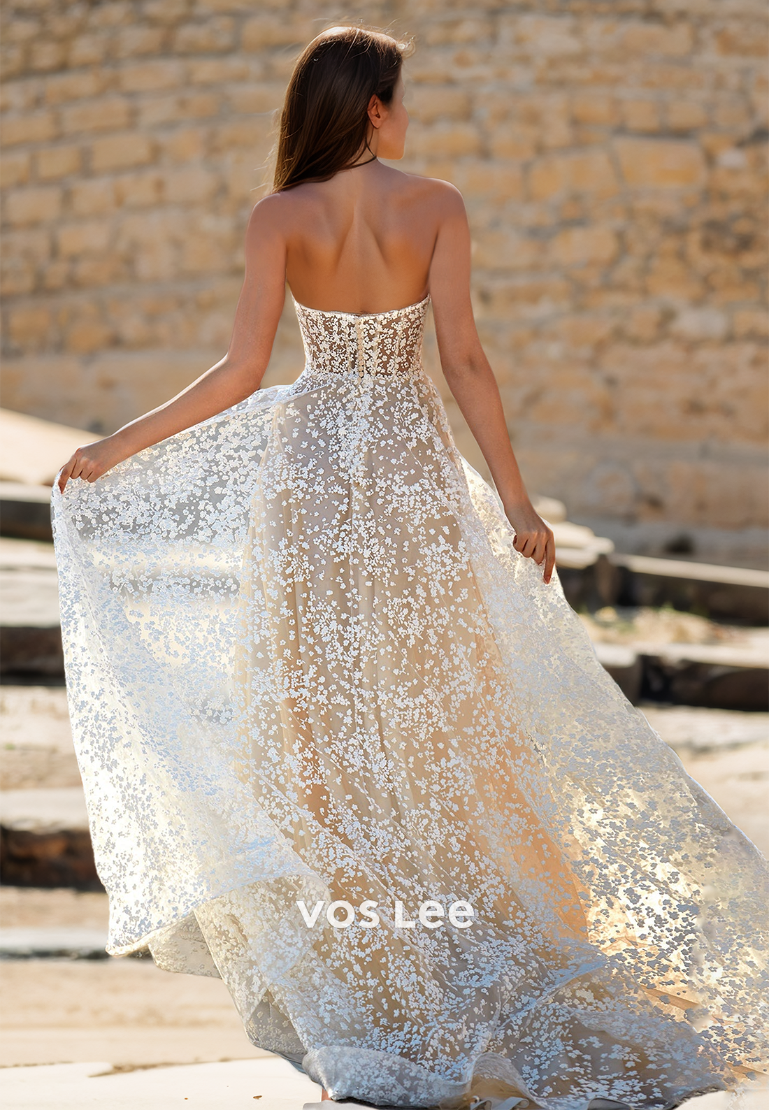 Luxury Deep V Neck Back Zipper A-Line Sleeveless Lace Appliques Wedding Gown