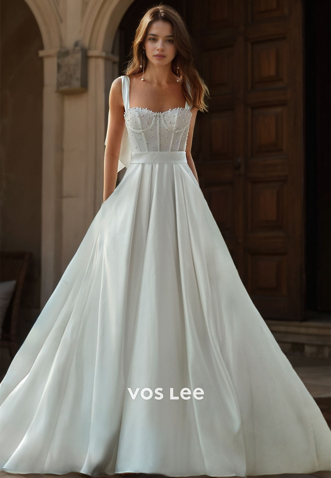 Elegant Sweetheart A-Line Bow Sleeveless Sweep Train Beaded Satin Wedding Gown