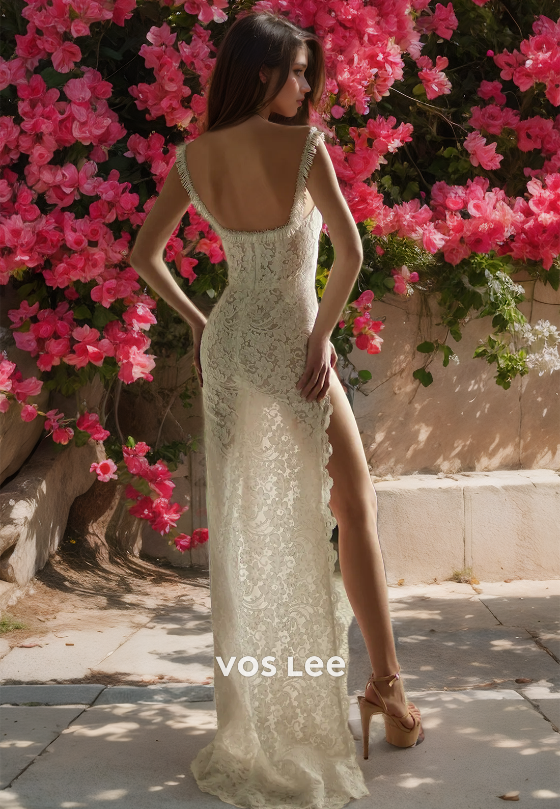 Gorgeous Sheath Spaghetti Straps Scoop Neck Backless High Split Lace Wedding Dress