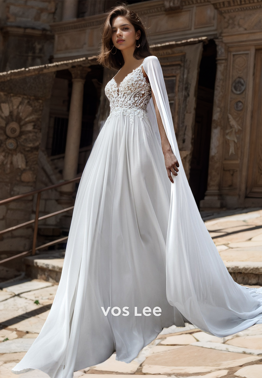 Ornate Plunging Deep V Neck Illusion Backless A-Line Lace Appliques Tulle Wedding Dress