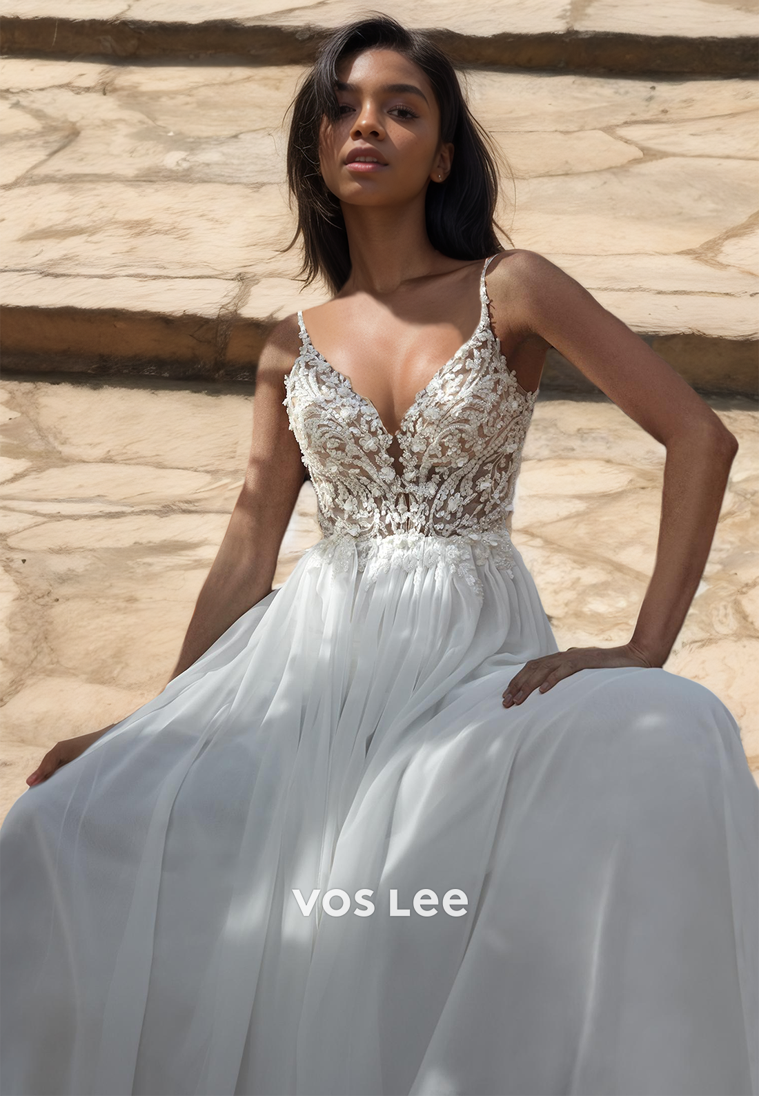 Ornate Plunging Deep V Neck Illusion Backless A-Line Lace Appliques Tulle Wedding Dress