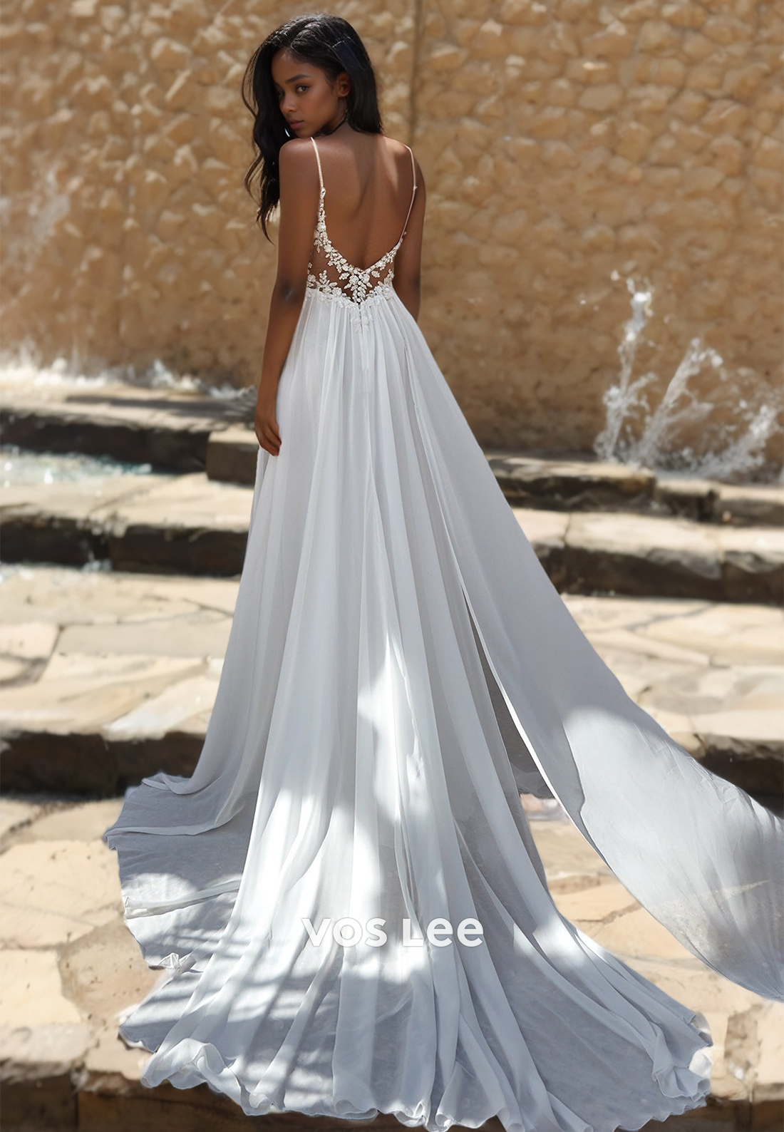 Ornate Plunging Deep V Neck Illusion Backless A-Line Lace Appliques Tulle Wedding Dress