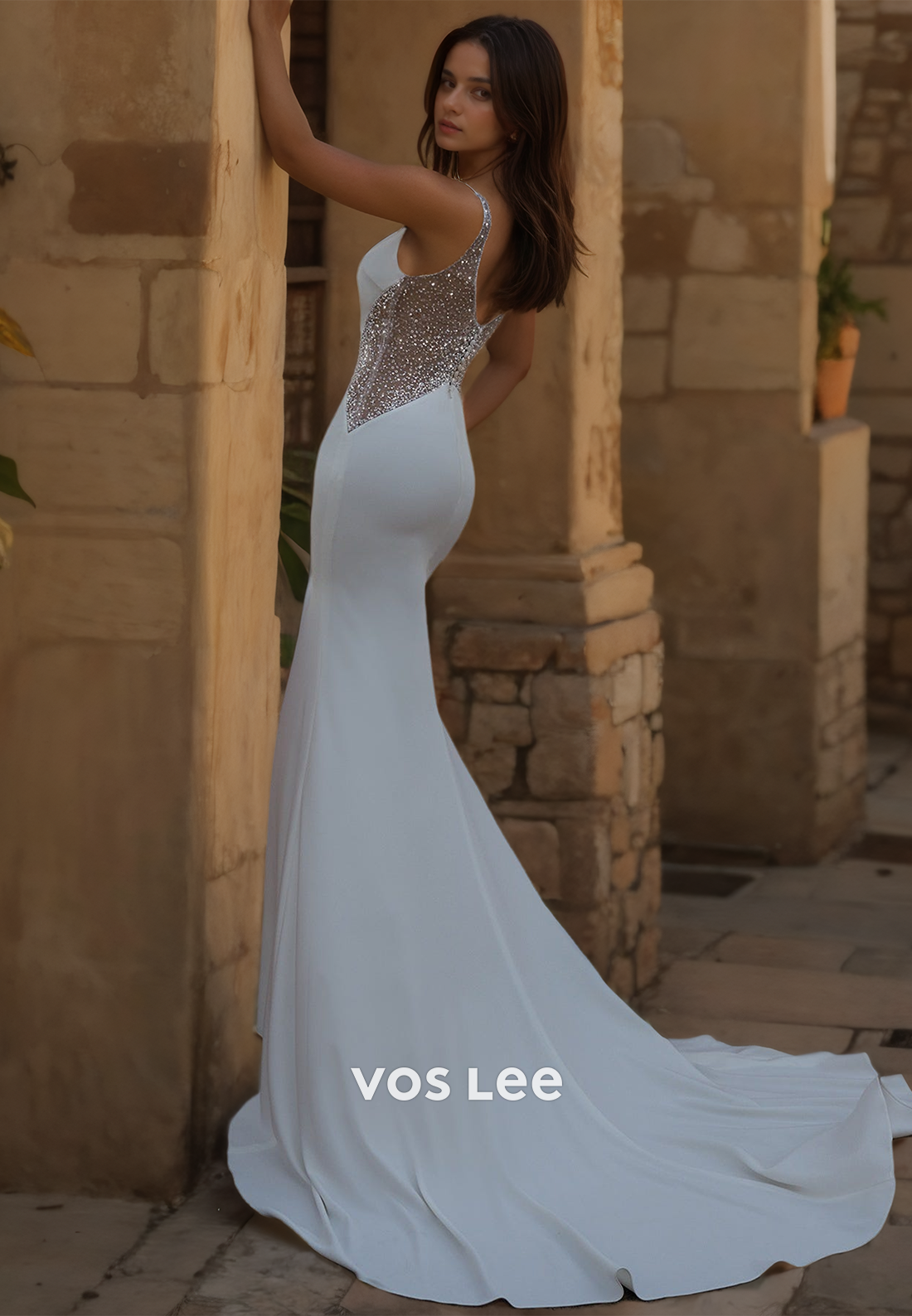 Elegant V Neck Straps Backless Column Sweep Train Beaded Satin Wedding Dress